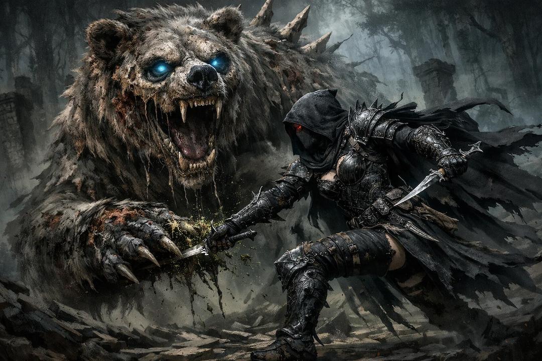 Omnæs Dæmones concept art — Wizard in dark black robes holding an old dusty grimorie