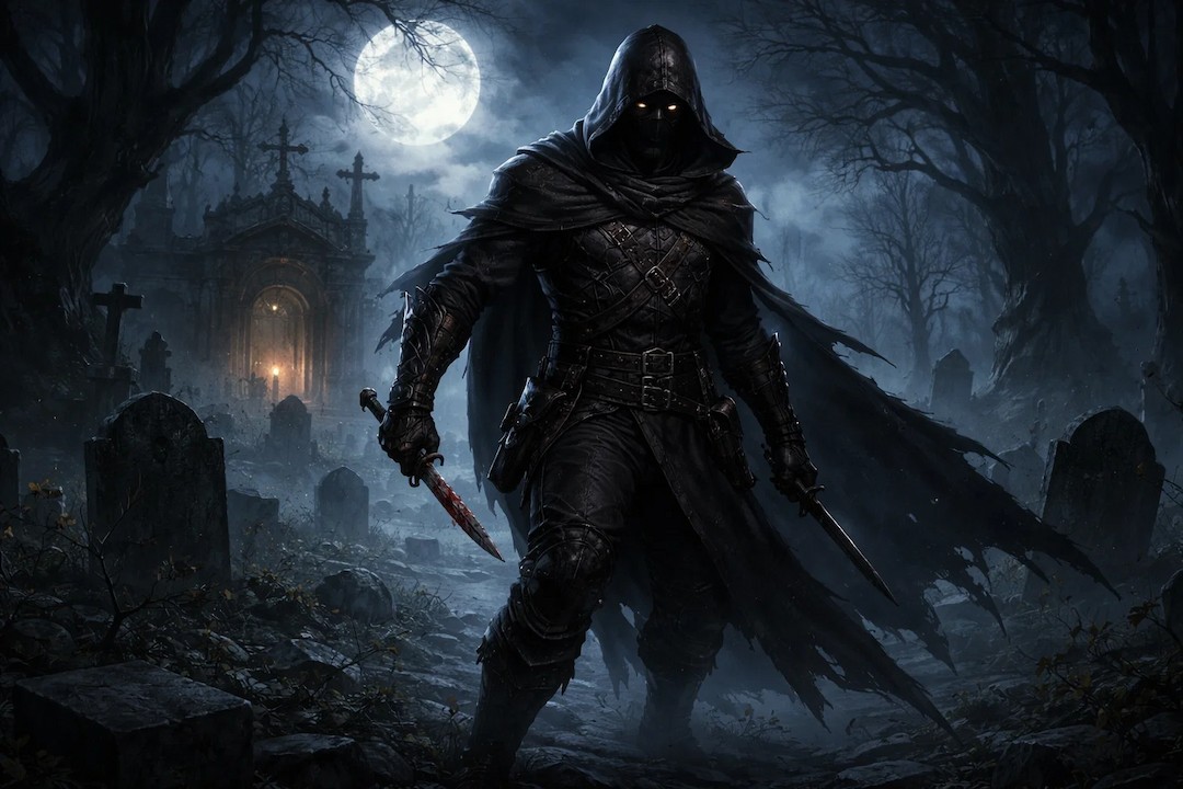 Omnæs Dæmones — Shadow-Walker class using stealth abilities in a moonlit graveyard